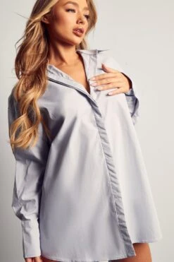 Poplin Ruched Open Back Shirt Dress 12 Poplin Ruched Open Back Shirt Dress -BOW Clothing Shop blue poplin ruched open back shirt dress 4