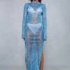 Premium Diamante Fishnet Split Leg Long Sleeve Midi Dress -BOW Clothing Shop blue premium diamante fishnet split leg long sleeve midi dress