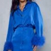 Premium Satin Flute Sleeve Feather Shirt Dress -BOW Clothing Shop blue premium satin flute sleeve feather shirt dress
