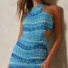 Printed Mesh High Neck Cut Out Mini Dress -BOW Clothing Shop blue printed mesh high neck cut out mini dress