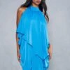 Satin Layered Diamante Chain Backless Cowl Mini Dress -BOW Clothing Shop blue satin layered diamante chain backless cowl mini dress