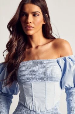 Shirred Bardot Puff Sleeve Mini Dress -BOW Clothing Shop blue shirred bardot puff sleeve mini dress 1