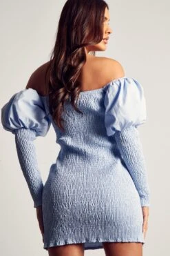 Shirred Bardot Puff Sleeve Mini Dress -BOW Clothing Shop blue shirred bardot puff sleeve mini dress 2
