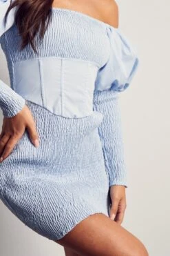 Shirred Bardot Puff Sleeve Mini Dress -BOW Clothing Shop blue shirred bardot puff sleeve mini dress 4