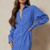 Structured Tie Cuff Shirt Dress -BOW Clothing Shop blue structured tie cuff shirt dress