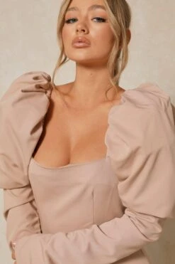 Luxe Twill Extreme Puff Shoulder Mini Dress -BOW Clothing Shop blush luxe twill extreme puff shoulder mini dress 1