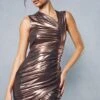 Metallic Slash Neck Ruched Mini Dress -BOW Clothing Shop bronze metallic slash neck ruched mini dress