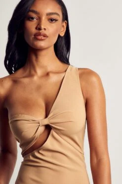Premium Knot Cut Out Asymmetric Mini Dress -BOW Clothing Shop camel premium knot cut out asymmetric mini dress 1
