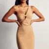 Premium Knot Cut Out Asymmetric Mini Dress -BOW Clothing Shop camel premium knot cut out asymmetric mini dress