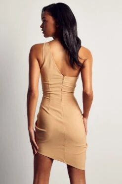 Premium Knot Cut Out Asymmetric Mini Dress -BOW Clothing Shop camel premium knot cut out asymmetric mini dress 2