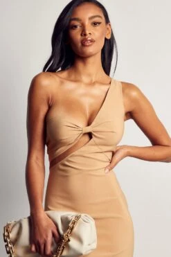 Premium Knot Cut Out Asymmetric Mini Dress -BOW Clothing Shop camel premium knot cut out asymmetric mini dress 4