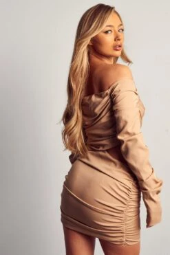 Ruched Bardot Mini Dress -BOW Clothing Shop camel ruched bardot mini dress 2