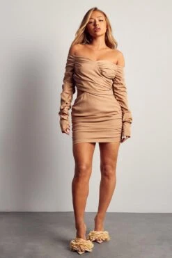 Ruched Bardot Mini Dress -BOW Clothing Shop camel ruched bardot mini dress 3