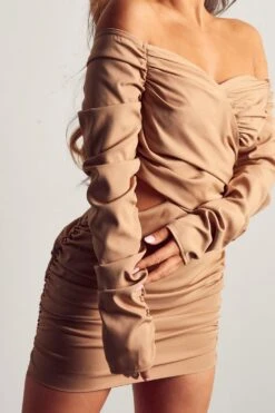 Ruched Bardot Mini Dress -BOW Clothing Shop camel ruched bardot mini dress 4