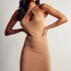 Twist Front Fine Knit Midi Dress -BOW Clothing Shop camel twist front fine knit midi dress