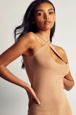 Twist Front Fine Knit Midi Dress -BOW Clothing Shop camel twist front fine knit midi dress 4