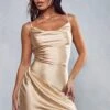 Premium Satin Cowl Neck Slip Dress -BOW Clothing Shop champagne premium satin cowl neck slip dress