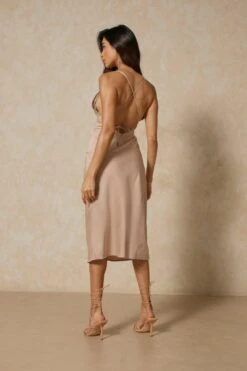 Satin Cowl Neck Midi Dress -BOW Clothing Shop champagne satin cowl neck midi dress 3