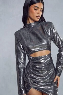Sequin Cut Out Ruched Side Mini Dress -BOW Clothing Shop charcoal sequin cut out ruched side mini dress 1 1