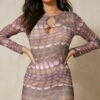 Mesh Spot Print Long Sleeve Mini Dress -BOW Clothing Shop chocolate mesh spot print long sleeve mini dress