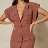 Pocket Detail Short Sleeve Shirt Dress -BOW Clothing Shop chocolate pocket detail short sleeve shirt dress