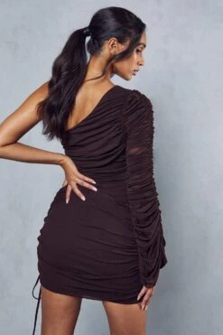 Premium Mesh Ruched One Shoulder Mini Dress -BOW Clothing Shop chocolate premium mesh ruched one shoulder mini dress 2