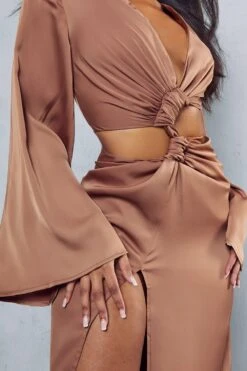 Premium Ruched Twist Detail Maxi Dress -BOW Clothing Shop chocolate premium ruched twist detail maxi dress 1