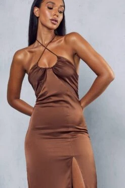 Premium Satin Halterneck Ruched Maxi Dress -BOW Clothing Shop chocolate premium satin halterneck ruched maxi dress 1