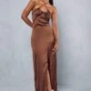 Premium Satin Halterneck Ruched Maxi Dress -BOW Clothing Shop chocolate premium satin halterneck ruched maxi dress