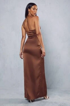 Premium Satin Halterneck Ruched Maxi Dress -BOW Clothing Shop chocolate premium satin halterneck ruched maxi dress 2