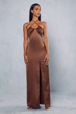 Premium Satin Halterneck Ruched Maxi Dress -BOW Clothing Shop chocolate premium satin halterneck ruched maxi dress 3