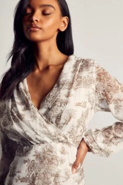 Printed Chiffon Ruched Wrap Mini Dress -BOW Clothing Shop chocolate printed chiffon ruched wrap mini dress 1