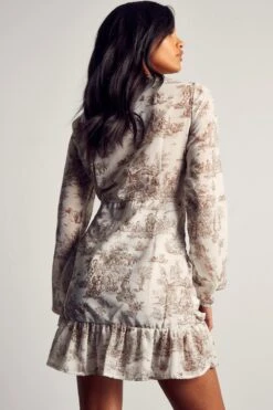 Printed Chiffon Ruched Wrap Mini Dress -BOW Clothing Shop chocolate printed chiffon ruched wrap mini dress 2