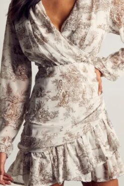 Printed Chiffon Ruched Wrap Mini Dress -BOW Clothing Shop chocolate printed chiffon ruched wrap mini dress 4