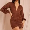Ribbed Ruched Balloon Sleeve Dress -BOW Clothing Shop chocolate ribbed ruched balloon sleeve dress