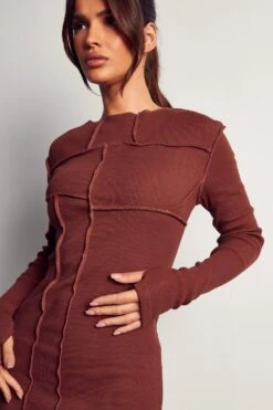 Ribbed Seam Detail Thumbhole Mini Dress -BOW Clothing Shop chocolate ribbed seam detail thumbhole mini dress 1