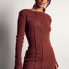 Ribbed Seam Detail Thumbhole Mini Dress -BOW Clothing Shop chocolate ribbed seam detail thumbhole mini dress