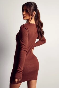 Ribbed Seam Detail Thumbhole Mini Dress -BOW Clothing Shop chocolate ribbed seam detail thumbhole mini dress 2