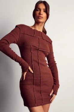 Ribbed Seam Detail Thumbhole Mini Dress -BOW Clothing Shop chocolate ribbed seam detail thumbhole mini dress 4