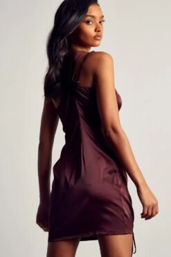 Satin Curved Strap Mini Dress -BOW Clothing Shop chocolate satin curved strap mini dress 2