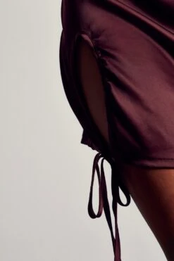 Satin Curved Strap Mini Dress -BOW Clothing Shop chocolate satin curved strap mini dress 4