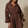 Soft Cord Balloon Sleeve Belted Shirt Dress -BOW Clothing Shop chocolate soft cord balloon sleeve belted shirt dress