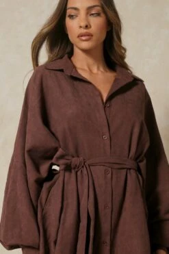 Soft Cord Balloon Sleeve Belted Shirt Dress -BOW Clothing Shop chocolate soft cord balloon sleeve belted shirt dress 2