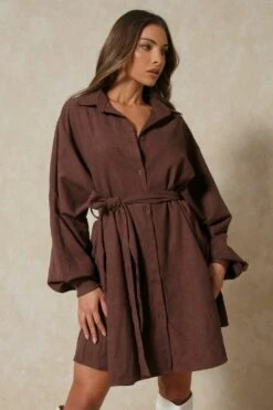 Soft Cord Balloon Sleeve Belted Shirt Dress
