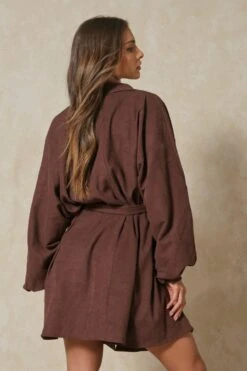 Soft Cord Balloon Sleeve Belted Shirt Dress -BOW Clothing Shop chocolate soft cord balloon sleeve belted shirt dress 3
