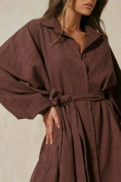 Soft Cord Balloon Sleeve Belted Shirt Dress -BOW Clothing Shop chocolate soft cord balloon sleeve belted shirt dress 4