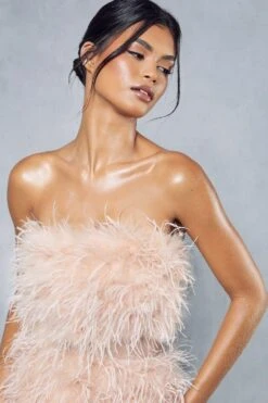 Feather Mesh Insert Bandeau Mini Dress -BOW Clothing Shop coral blush feather mesh insert bandeau mini dress 1