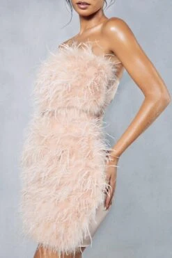 Feather Mesh Insert Bandeau Mini Dress -BOW Clothing Shop coral blush feather mesh insert bandeau mini dress 4