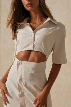 Asymmetric Cut Out Shirt Dress -BOW Clothing Shop cream asymmetric cut out shirt dress 4