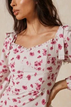 Floral Frill Detail Square Neck Dress -BOW Clothing Shop cream floral frill detail square neck dress 1